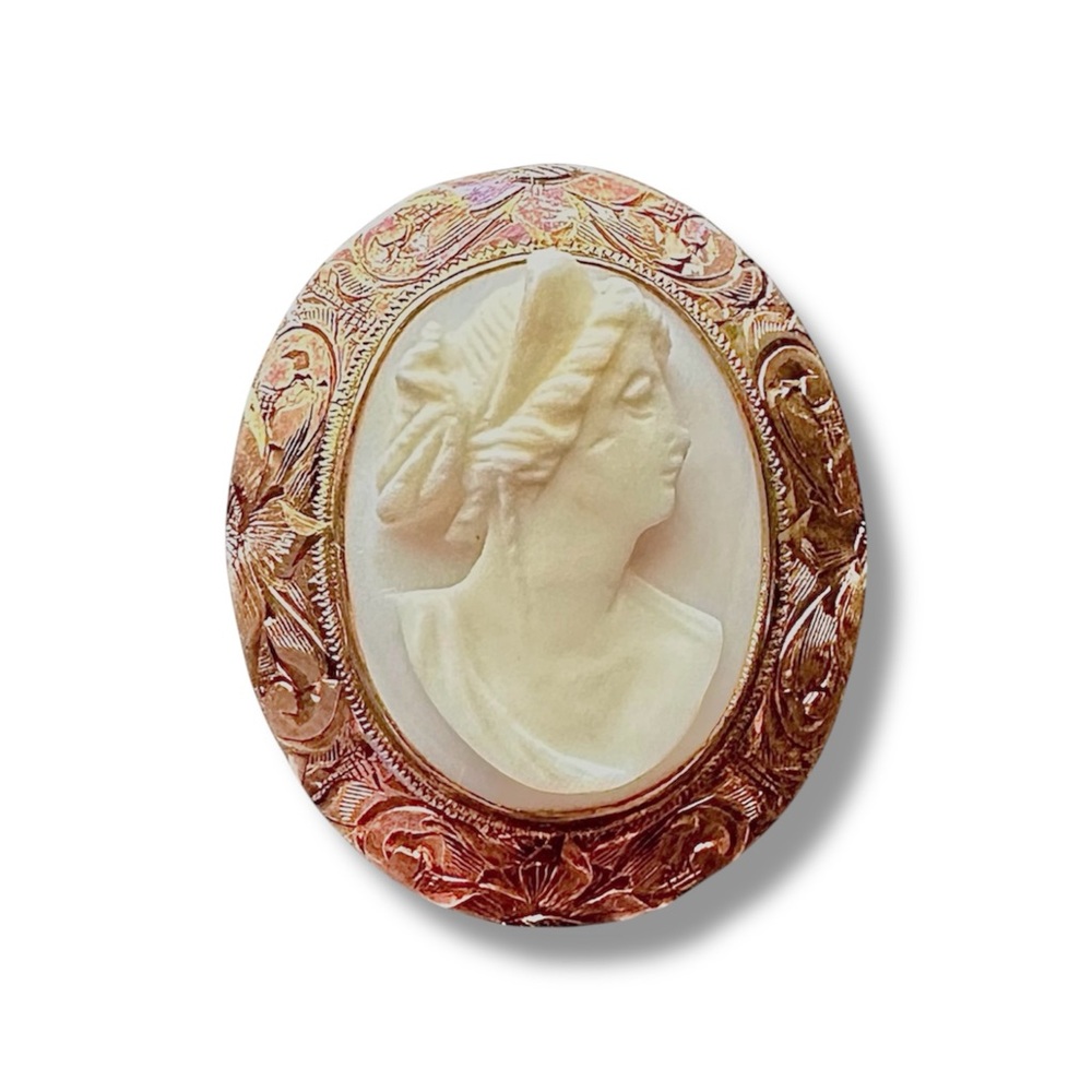 Vintage Cameo Carved Shell 10k Gold Brooch Pin with Intricate Design